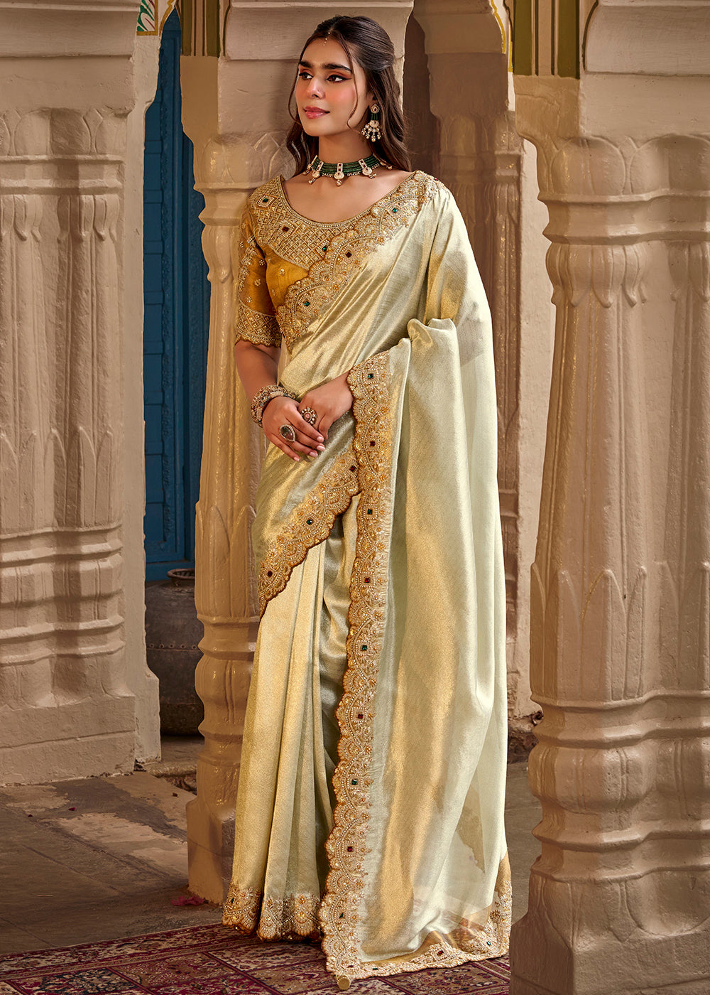 Buy Now Beige Fancy Based Pure Fabric Designer Wear Saree Online in US, UK, Canada, France, Germany, Denmark, Sweden, Italy, Greece, UAE & Worldwide at Empress.