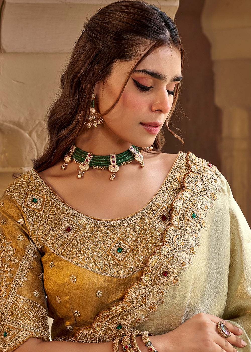 Buy Now Beige Fancy Based Pure Fabric Designer Wear Saree Online in US, UK, Canada, France, Germany, Denmark, Sweden, Italy, Greece, UAE & Worldwide at Empress.