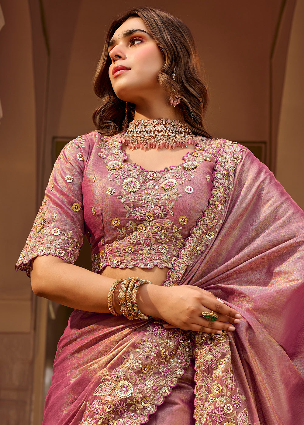 Buy Now Pink Fancy Based Pure Fabric Designer Wear Saree Online in US, UK, Canada, France, Germany, Denmark, Sweden, Italy, Greece, UAE &amp; Worldwide at Empress.