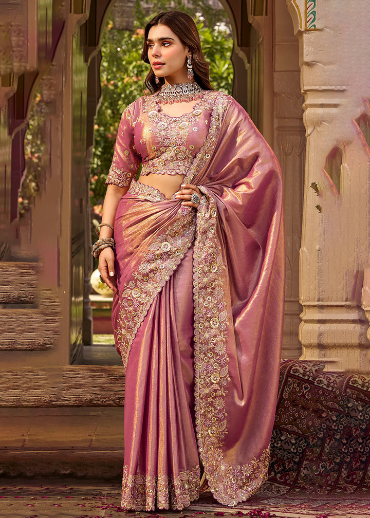 Buy Now Pink Fancy Based Pure Fabric Designer Wear Saree Online in US, UK, Canada, France, Germany, Denmark, Sweden, Italy, Greece, UAE &amp; Worldwide at Empress.