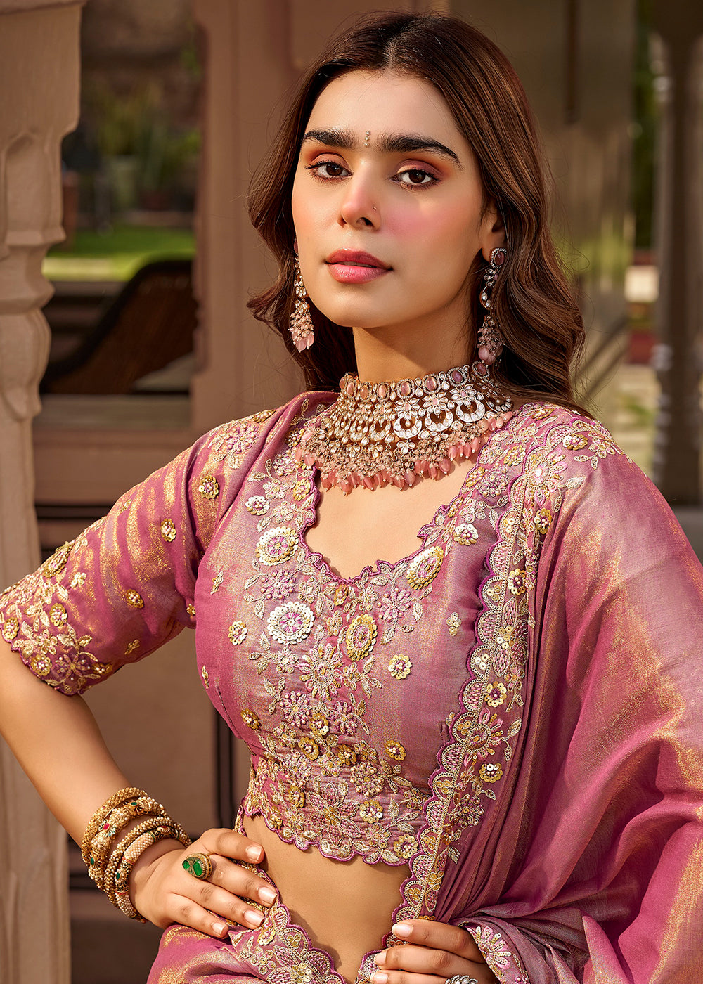 Buy Now Pink Fancy Based Pure Fabric Designer Wear Saree Online in US, UK, Canada, France, Germany, Denmark, Sweden, Italy, Greece, UAE &amp; Worldwide at Empress.