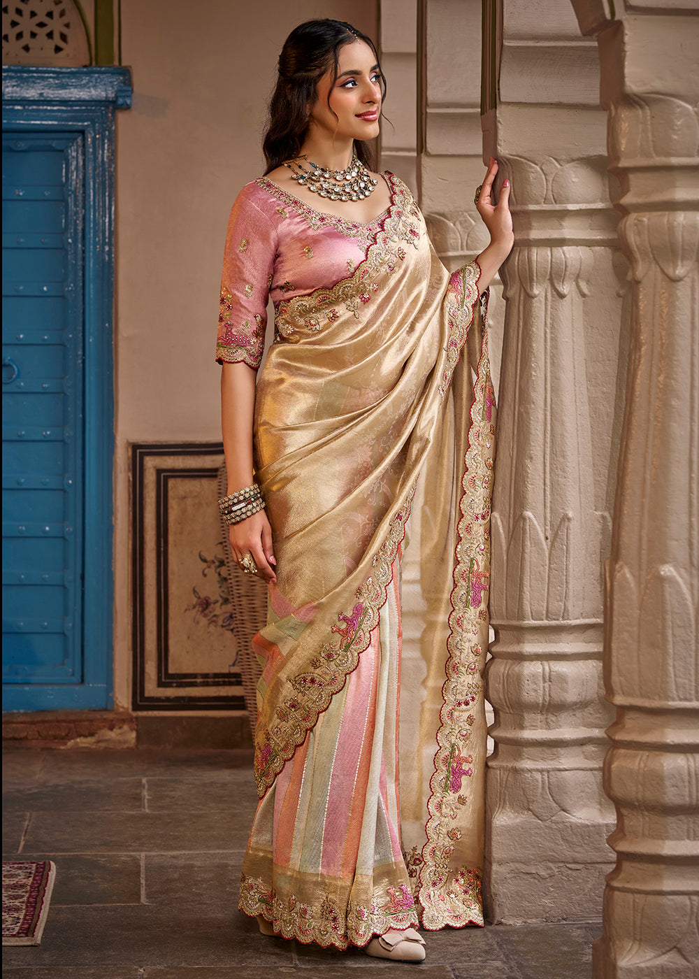 Buy Now Fancy Based Pure Fabric Beige Designer Wear Saree Online in US, UK, Canada, France, Germany, Denmark, Sweden, Italy, Greece, UAE &amp; Worldwide at Empress.