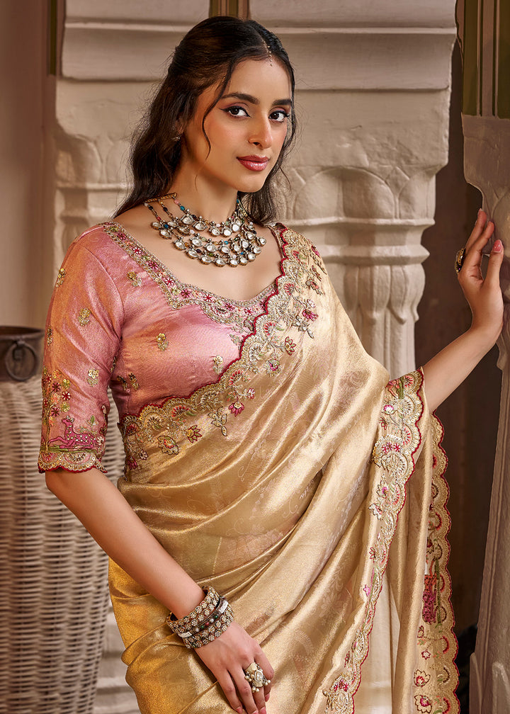 Buy Now Fancy Based Pure Fabric Beige Designer Wear Saree Online in US, UK, Canada, France, Germany, Denmark, Sweden, Italy, Greece, UAE &amp; Worldwide at Empress.