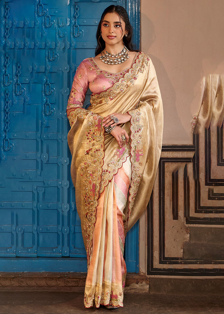 Buy Now Fancy Based Pure Fabric Beige Designer Wear Saree Online in US, UK, Canada, France, Germany, Denmark, Sweden, Italy, Greece, UAE &amp; Worldwide at Empress.