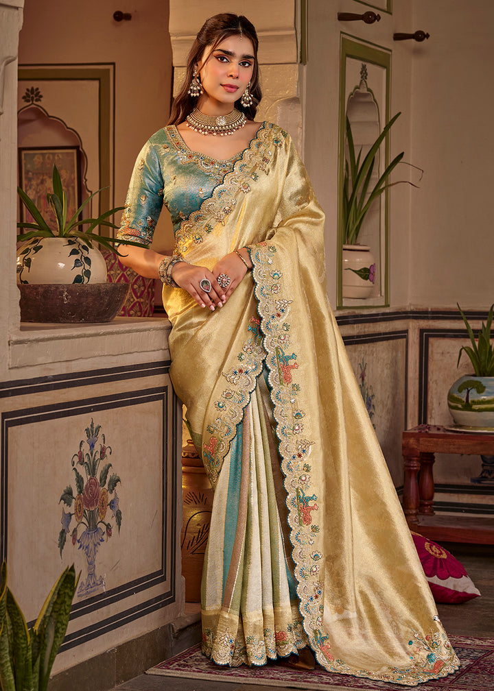 Buy Now Gold Fancy Based Pure Fabric Designer Wear Saree Online in US, UK, Canada, France, Germany, Denmark, Sweden, Italy, Greece, UAE &amp; Worldwide at Empress.
