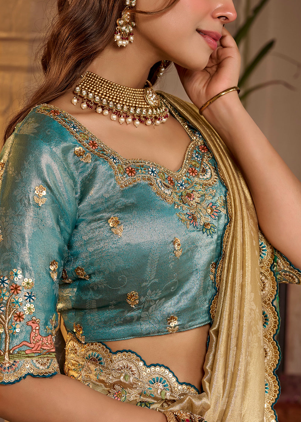 Buy Now Gold Fancy Based Pure Fabric Designer Wear Saree Online in US, UK, Canada, France, Germany, Denmark, Sweden, Italy, Greece, UAE &amp; Worldwide at Empress.