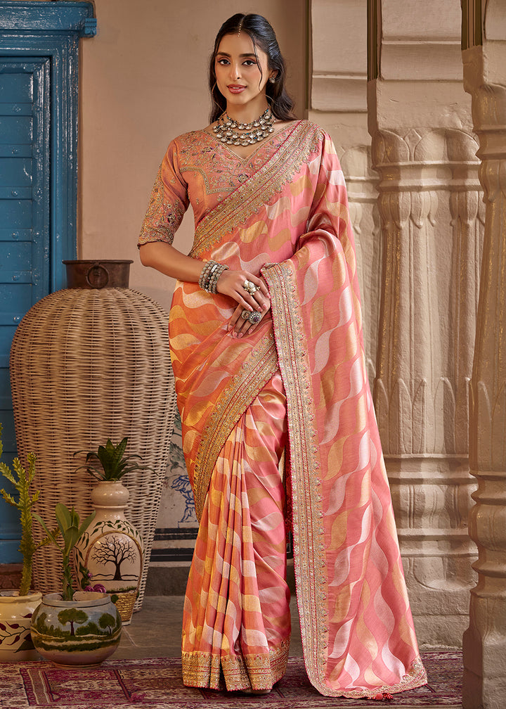 Buy Now Peach Fancy Based Pure Fabric Designer Wear Saree Online in US, UK, Canada, France, Germany, Denmark, Sweden, Italy, Greece, UAE &amp; Worldwide at Empress.