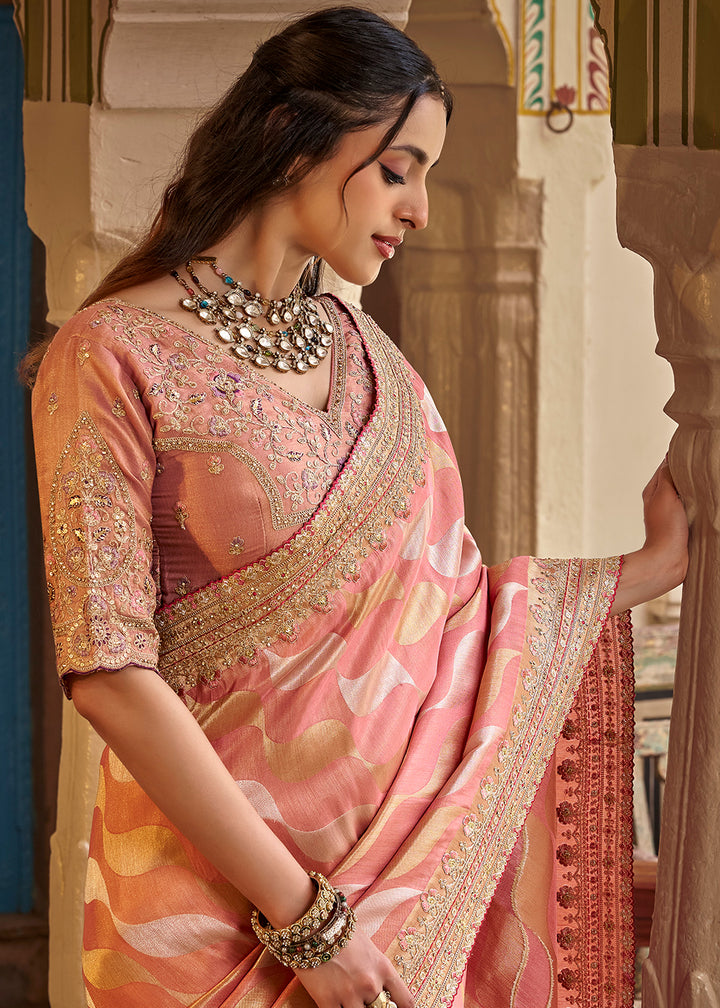 Buy Now Peach Fancy Based Pure Fabric Designer Wear Saree Online in US, UK, Canada, France, Germany, Denmark, Sweden, Italy, Greece, UAE &amp; Worldwide at Empress.