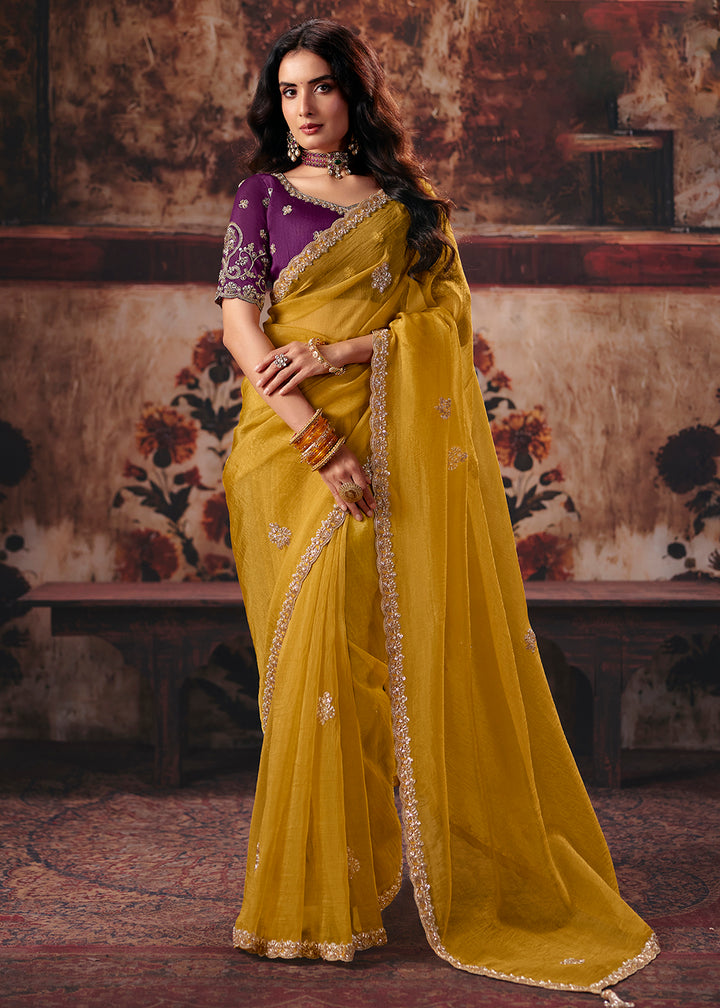Buy Now Yellow &amp; Purple Designer Style Festive Wear Saree Online in US, UK, Canada, France, Germany, Denmark, Sweden, Italy, Greece, UAE &amp; Worldwide at Empress.
