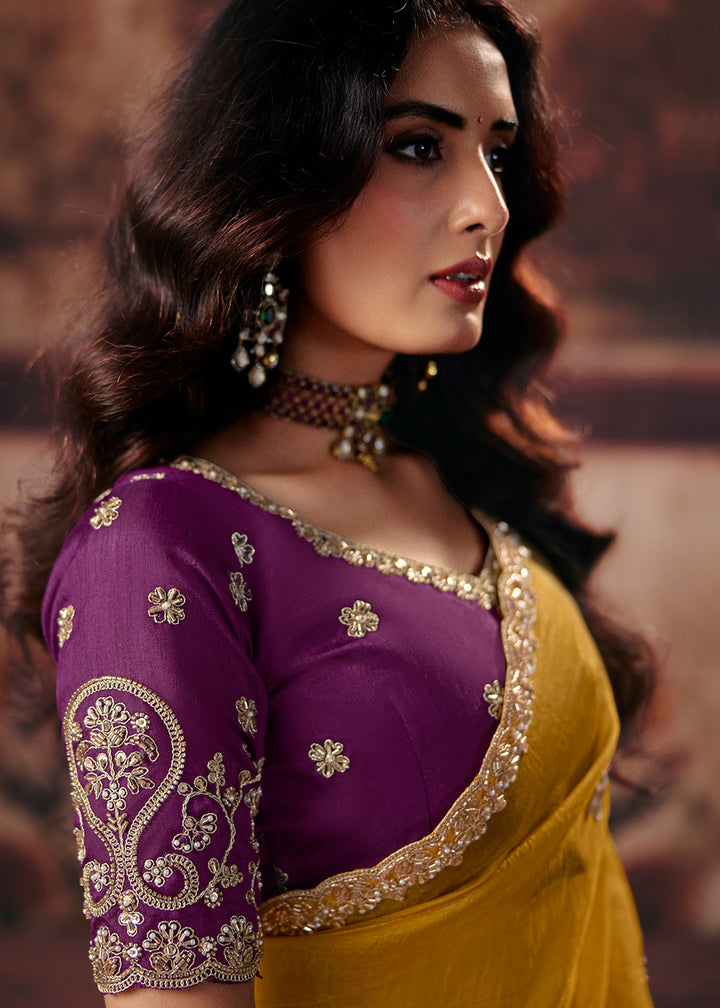 Buy Now Yellow &amp; Purple Designer Style Festive Wear Saree Online in US, UK, Canada, France, Germany, Denmark, Sweden, Italy, Greece, UAE &amp; Worldwide at Empress.