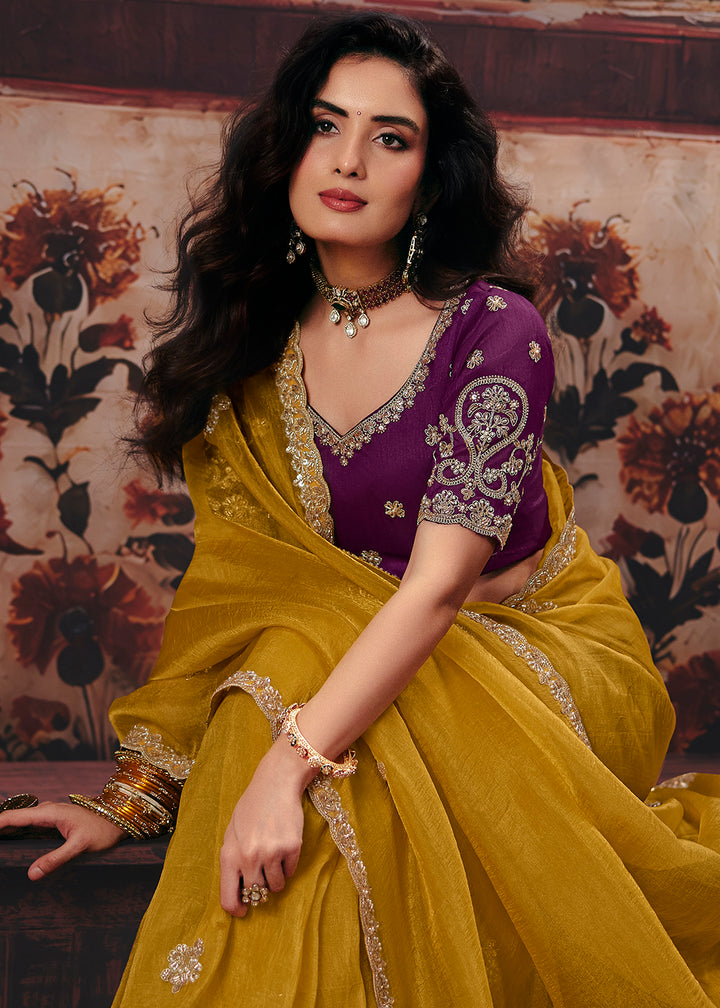 Buy Now Yellow &amp; Purple Designer Style Festive Wear Saree Online in US, UK, Canada, France, Germany, Denmark, Sweden, Italy, Greece, UAE &amp; Worldwide at Empress.