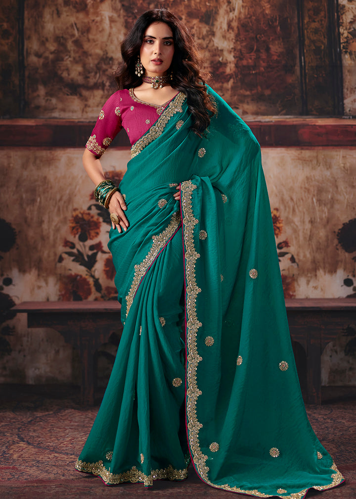 Buy Now Teal &amp; Pink Designer Style Festive Wear Saree Online in US, UK, Canada, France, Germany, Denmark, Sweden, Italy, Greece, UAE &amp; Worldwide at Empress.