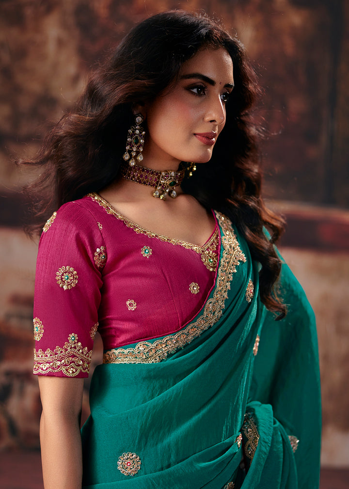 Buy Now Teal &amp; Pink Designer Style Festive Wear Saree Online in US, UK, Canada, France, Germany, Denmark, Sweden, Italy, Greece, UAE &amp; Worldwide at Empress.
