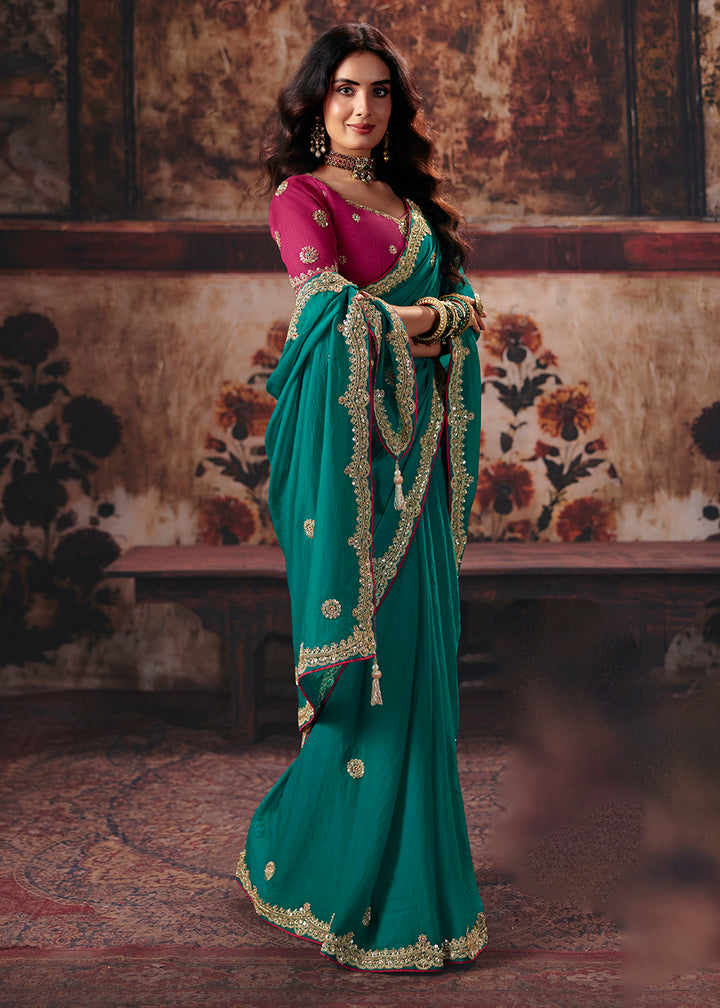 Buy Now Teal &amp; Pink Designer Style Festive Wear Saree Online in US, UK, Canada, France, Germany, Denmark, Sweden, Italy, Greece, UAE &amp; Worldwide at Empress.
