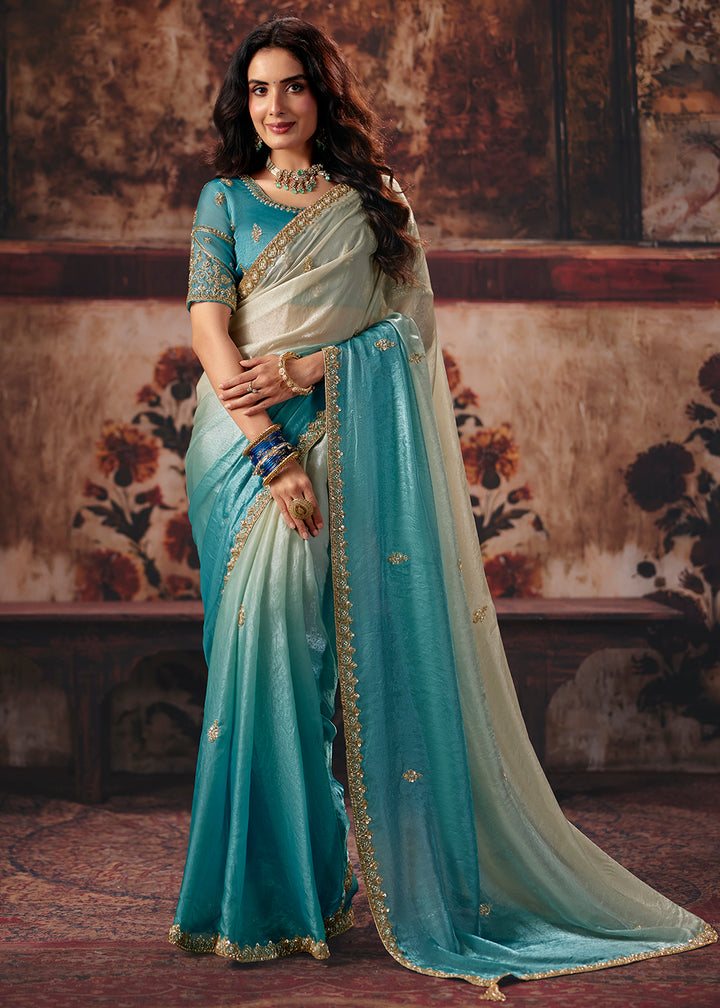 Buy Now Blue &amp; Beige Designer Style Festive Wear Saree Online in US, UK, Canada, France, Germany, Denmark, Sweden, Italy, Greece, UAE &amp; Worldwide at Empress.
