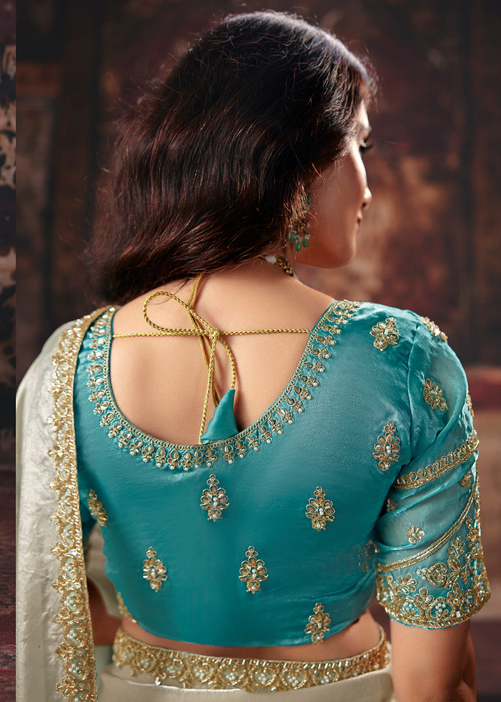 Buy Now Blue &amp; Beige Designer Style Festive Wear Saree Online in US, UK, Canada, France, Germany, Denmark, Sweden, Italy, Greece, UAE &amp; Worldwide at Empress.