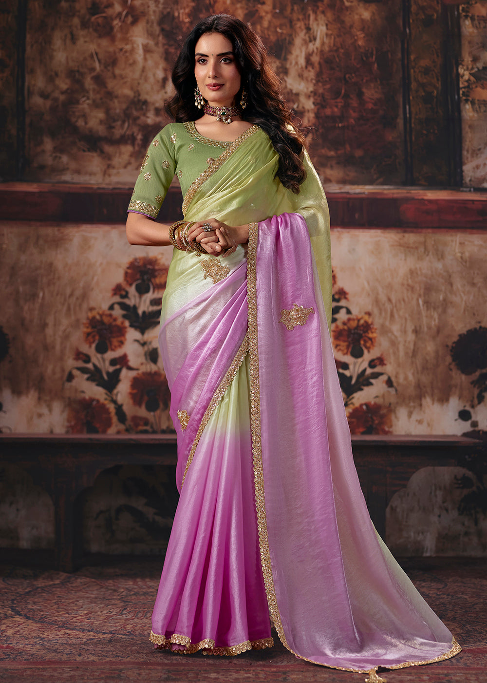 Buy Now Pink &amp; Green Designer Style Festive Wear Saree Online in US, UK, Canada, France, Germany, Denmark, Sweden, Italy, Greece, UAE &amp; Worldwide at Empress.