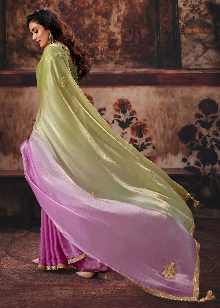 Buy Now Pink &amp; Green Designer Style Festive Wear Saree Online in US, UK, Canada, France, Germany, Denmark, Sweden, Italy, Greece, UAE &amp; Worldwide at Empress.