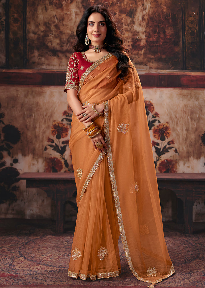 Buy Now Orange &amp; Red Designer Style Festive Wear Saree Online in US, UK, Canada, France, Germany, Denmark, Sweden, Italy, Greece, UAE &amp; Worldwide at Empress.