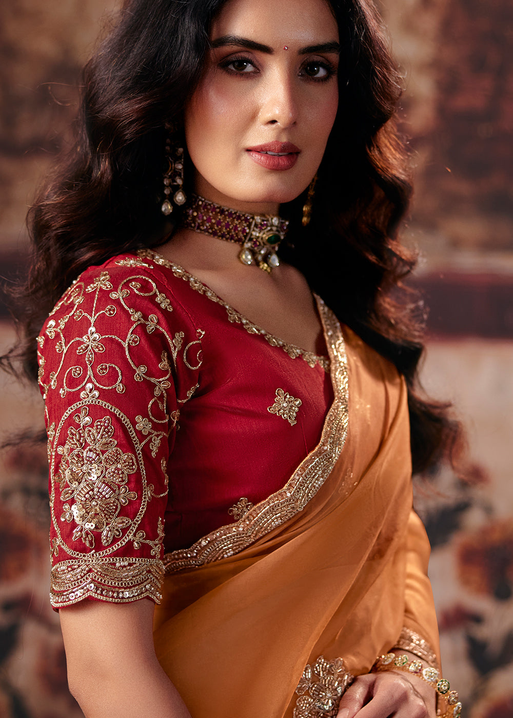 Buy Now Orange &amp; Red Designer Style Festive Wear Saree Online in US, UK, Canada, France, Germany, Denmark, Sweden, Italy, Greece, UAE &amp; Worldwide at Empress.