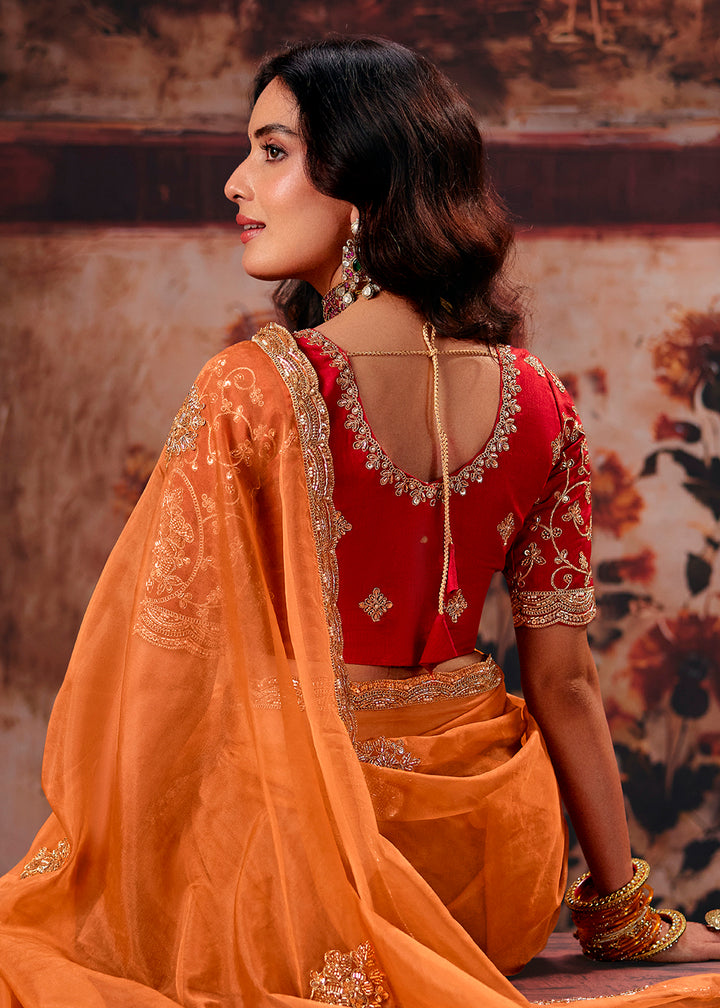 Buy Now Orange &amp; Red Designer Style Festive Wear Saree Online in US, UK, Canada, France, Germany, Denmark, Sweden, Italy, Greece, UAE &amp; Worldwide at Empress.