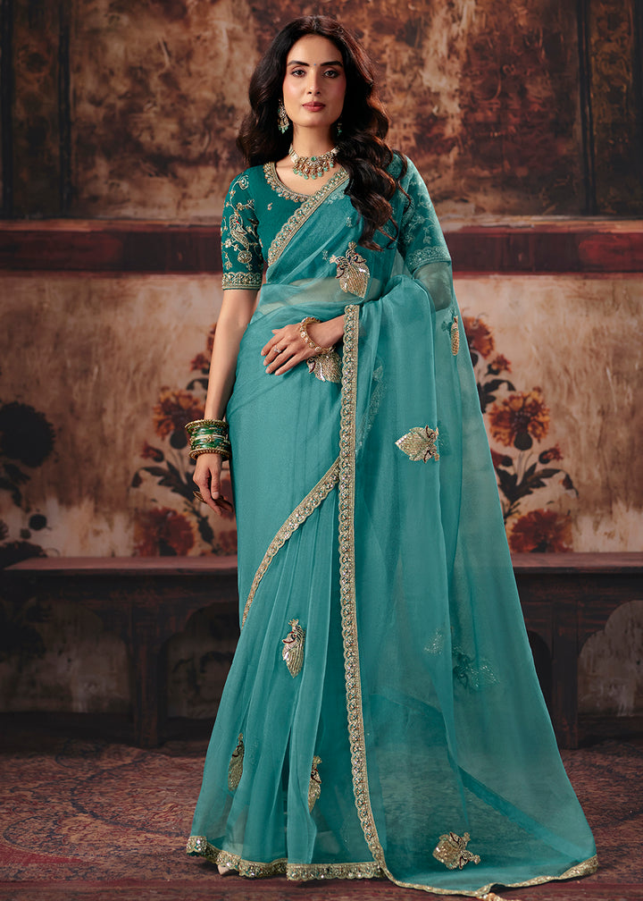 Buy Now Sea Blue Designer Style Festive Wear Saree Online in US, UK, Canada, France, Germany, Denmark, Sweden, Italy, Greece, UAE &amp; Worldwide at Empress.