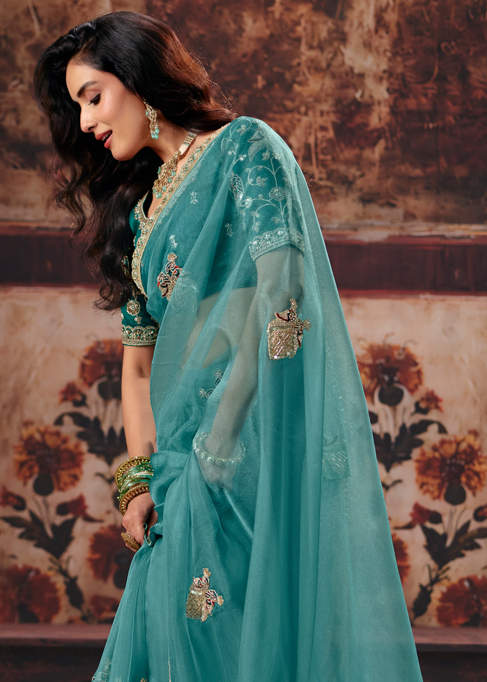 Buy Now Sea Blue Designer Style Festive Wear Saree Online in US, UK, Canada, France, Germany, Denmark, Sweden, Italy, Greece, UAE &amp; Worldwide at Empress.