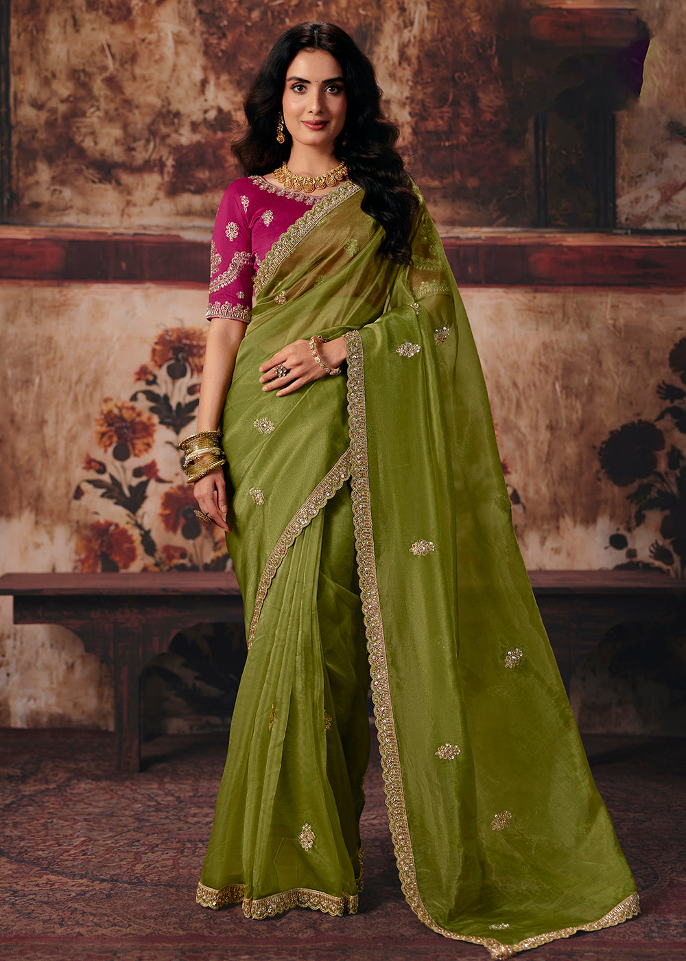 Buy Now Green &amp; Pink Designer Style Festive Wear Saree Online in US, UK, Canada, France, Germany, Denmark, Sweden, Italy, Greece, UAE &amp; Worldwide at Empress.