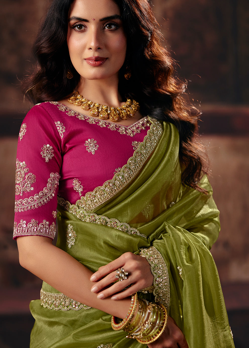 Buy Now Green & Pink Designer Style Festive Wear Saree Online in US, UK, Canada, France, Germany, Denmark, Sweden, Italy, Greece, UAE & Worldwide at Empress.