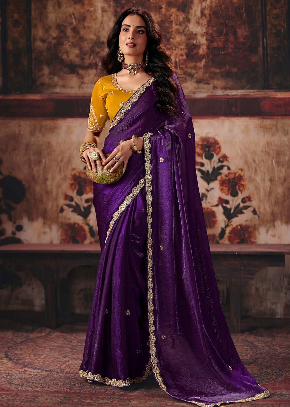 Buy Now Purple &amp; Yellow Designer Style Festive Wear Saree Online in US, UK, Canada, France, Germany, Denmark, Sweden, Italy, Greece, UAE &amp; Worldwide at Empress.