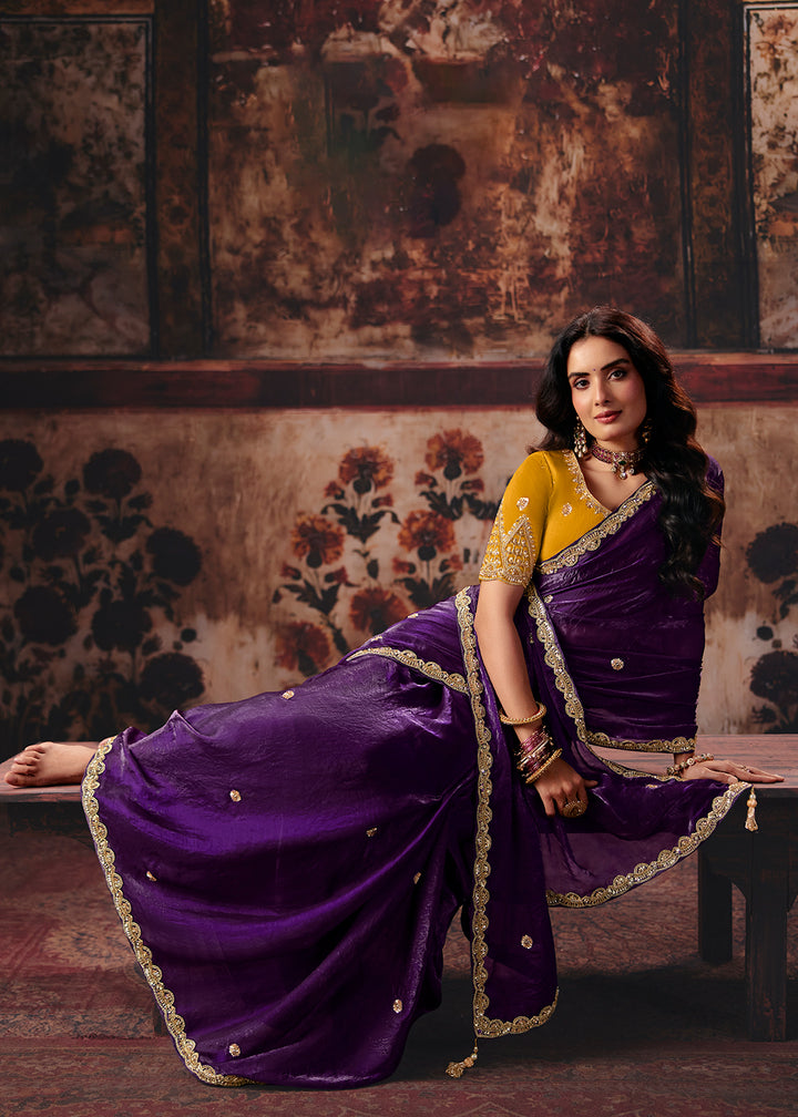 Buy Now Purple &amp; Yellow Designer Style Festive Wear Saree Online in US, UK, Canada, France, Germany, Denmark, Sweden, Italy, Greece, UAE &amp; Worldwide at Empress.