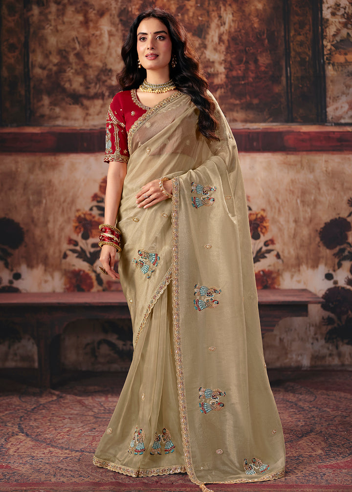 Buy Now Beige &amp; Red Designer Style Festive Wear Saree Online in US, UK, Canada, France, Germany, Denmark, Sweden, Italy, Greece, UAE &amp; Worldwide at Empress.