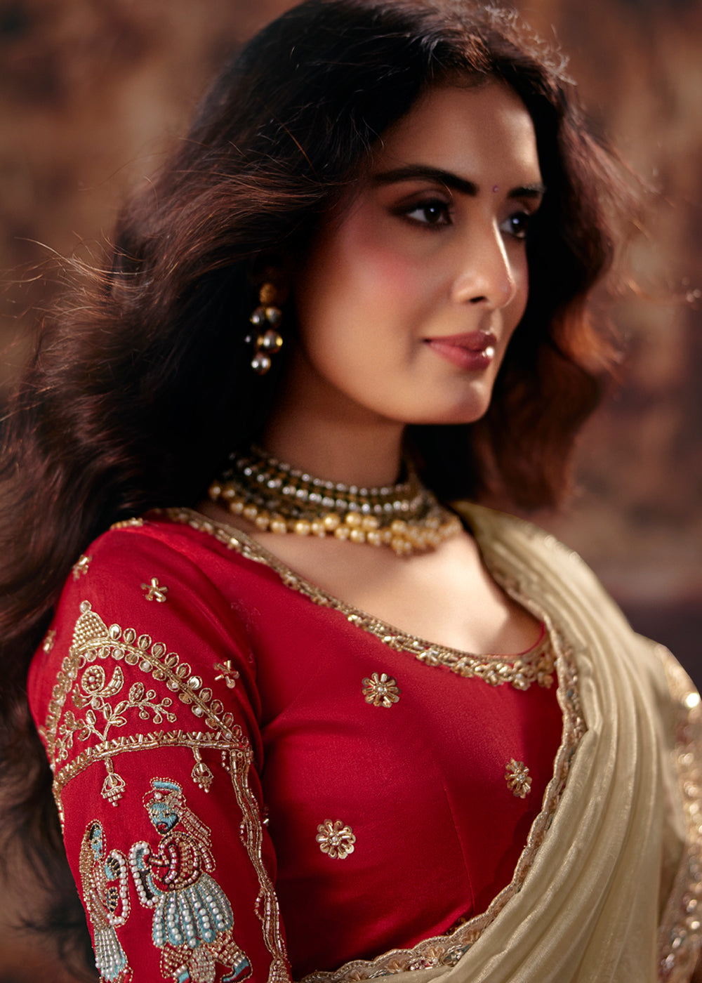 Buy Now Beige & Red Designer Style Festive Wear Saree Online in US, UK, Canada, France, Germany, Denmark, Sweden, Italy, Greece, UAE & Worldwide at Empress.