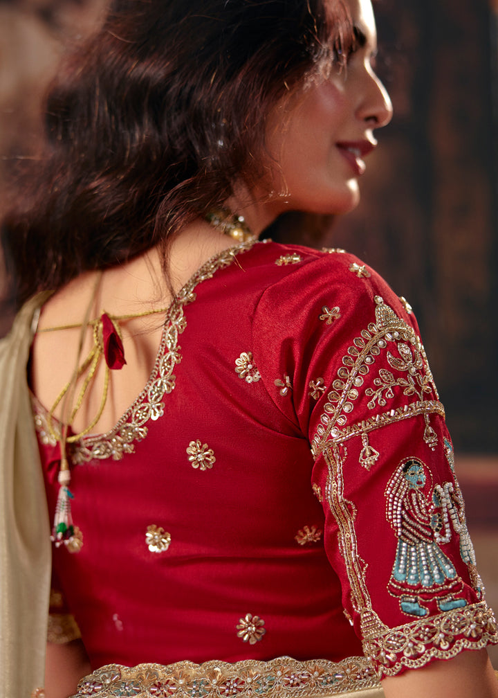 Buy Now Beige &amp; Red Designer Style Festive Wear Saree Online in US, UK, Canada, France, Germany, Denmark, Sweden, Italy, Greece, UAE &amp; Worldwide at Empress.