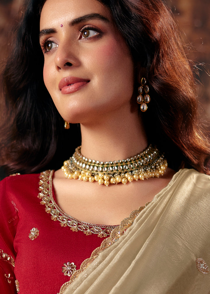 Buy Now Beige &amp; Red Designer Style Festive Wear Saree Online in US, UK, Canada, France, Germany, Denmark, Sweden, Italy, Greece, UAE &amp; Worldwide at Empress.