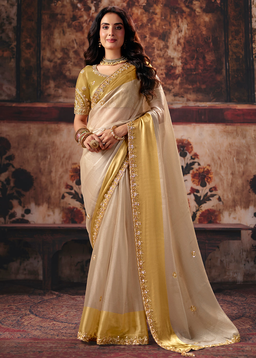 Buy Now Beige &amp; Golden Designer Style Festive Wear Saree Online in US, UK, Canada, France, Germany, Denmark, Sweden, Italy, Greece, UAE &amp; Worldwide at Empress.