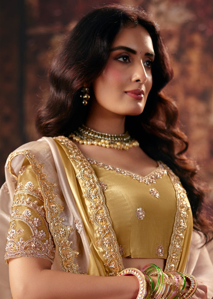 Buy Now Beige &amp; Golden Designer Style Festive Wear Saree Online in US, UK, Canada, France, Germany, Denmark, Sweden, Italy, Greece, UAE &amp; Worldwide at Empress.