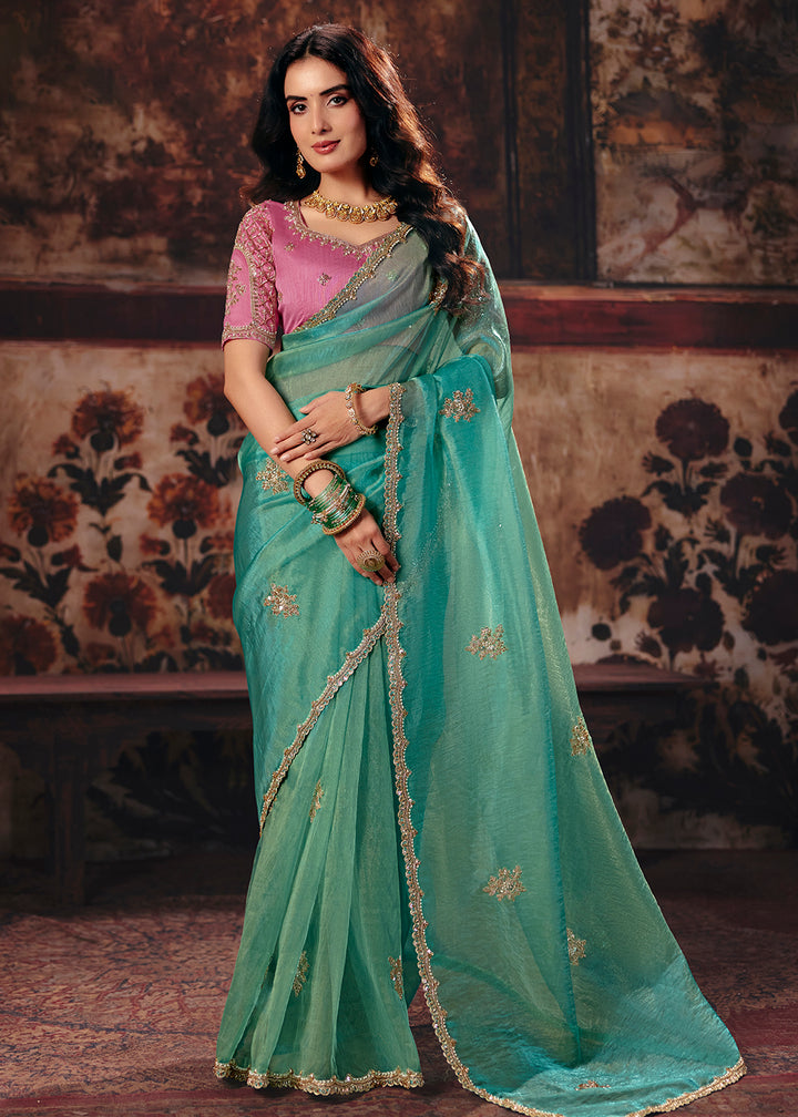 Buy Now Sea Blue &amp; Pink Designer Style Festive Wear Saree Online in US, UK, Canada, France, Germany, Denmark, Sweden, Italy, Greece, UAE &amp; Worldwide at Empress.