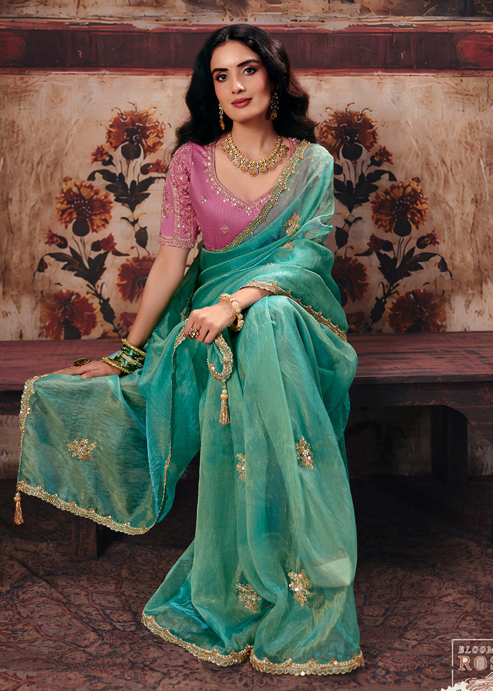 Buy Now Sea Blue &amp; Pink Designer Style Festive Wear Saree Online in US, UK, Canada, France, Germany, Denmark, Sweden, Italy, Greece, UAE &amp; Worldwide at Empress.