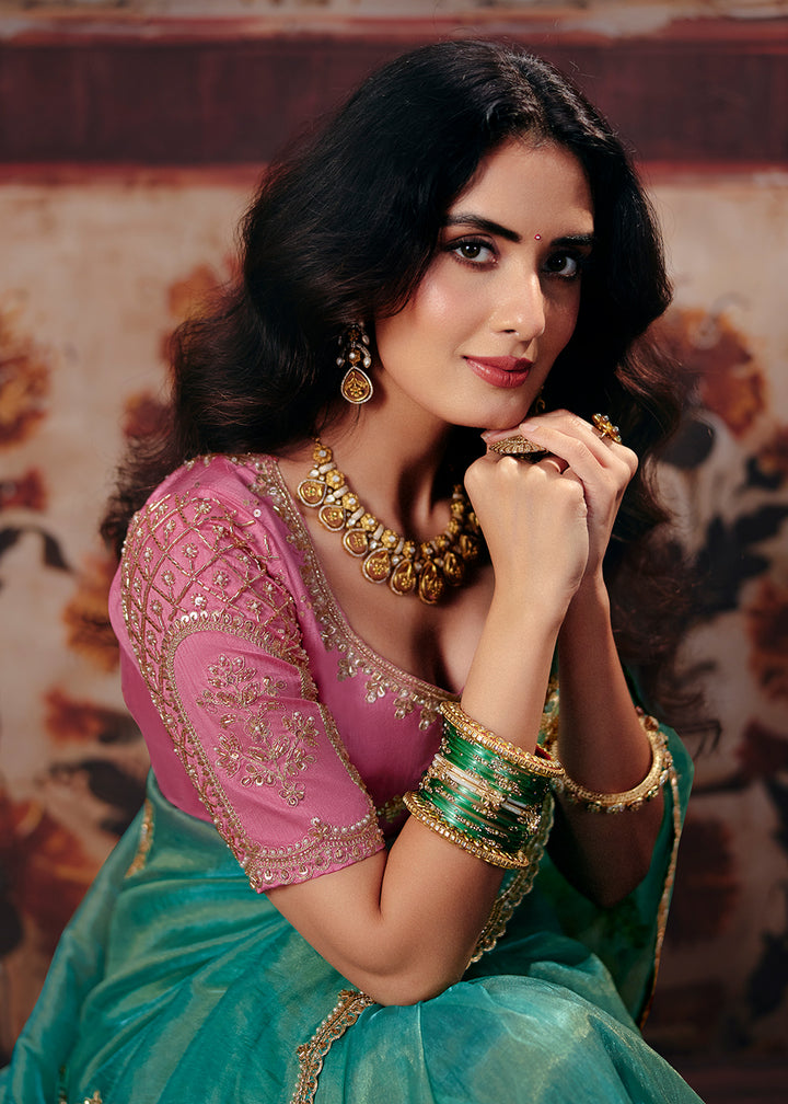 Buy Now Sea Blue &amp; Pink Designer Style Festive Wear Saree Online in US, UK, Canada, France, Germany, Denmark, Sweden, Italy, Greece, UAE &amp; Worldwide at Empress.