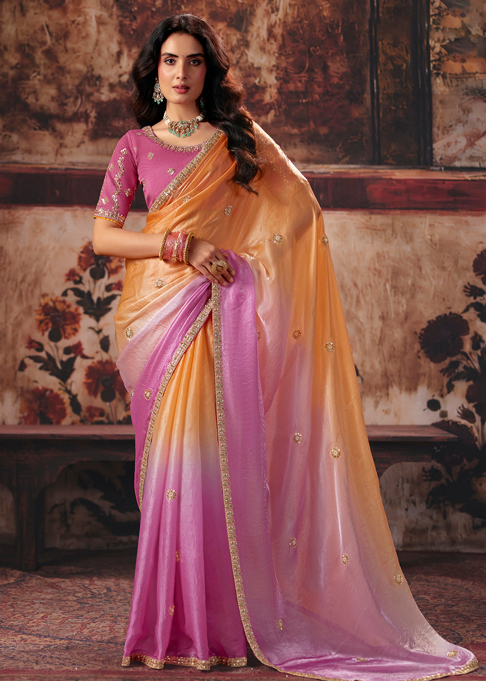 Buy Now Ombre Peach &amp; Pink Designer Style Festive Wear Saree Online in US, UK, Canada, France, Germany, Denmark, Sweden, Italy, Greece &amp; Worldwide at Empress.