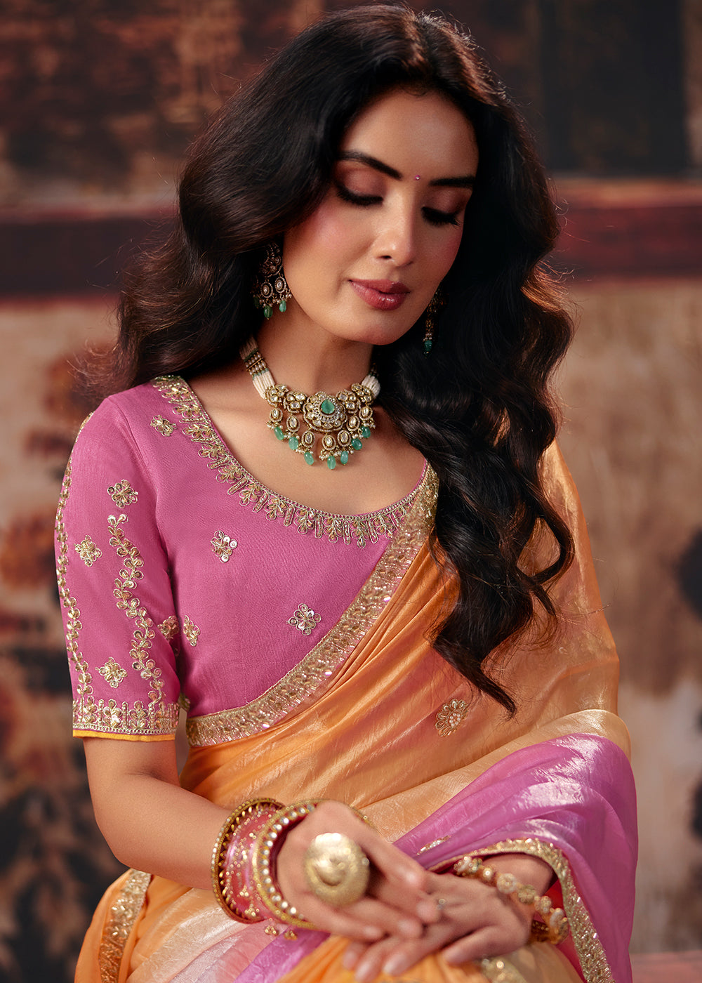 Buy Now Ombre Peach & Pink Designer Style Festive Wear Saree Online in US, UK, Canada, France, Germany, Denmark, Sweden, Italy, Greece & Worldwide at Empress.