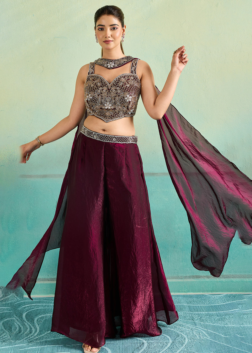 Buy Now Regal Wine Sangeet Party Indo Western Dress Online in US, UK, Canada, Netherlands, Germany, Italy, France, Greece, Switzerland & Worldwide at Empress.