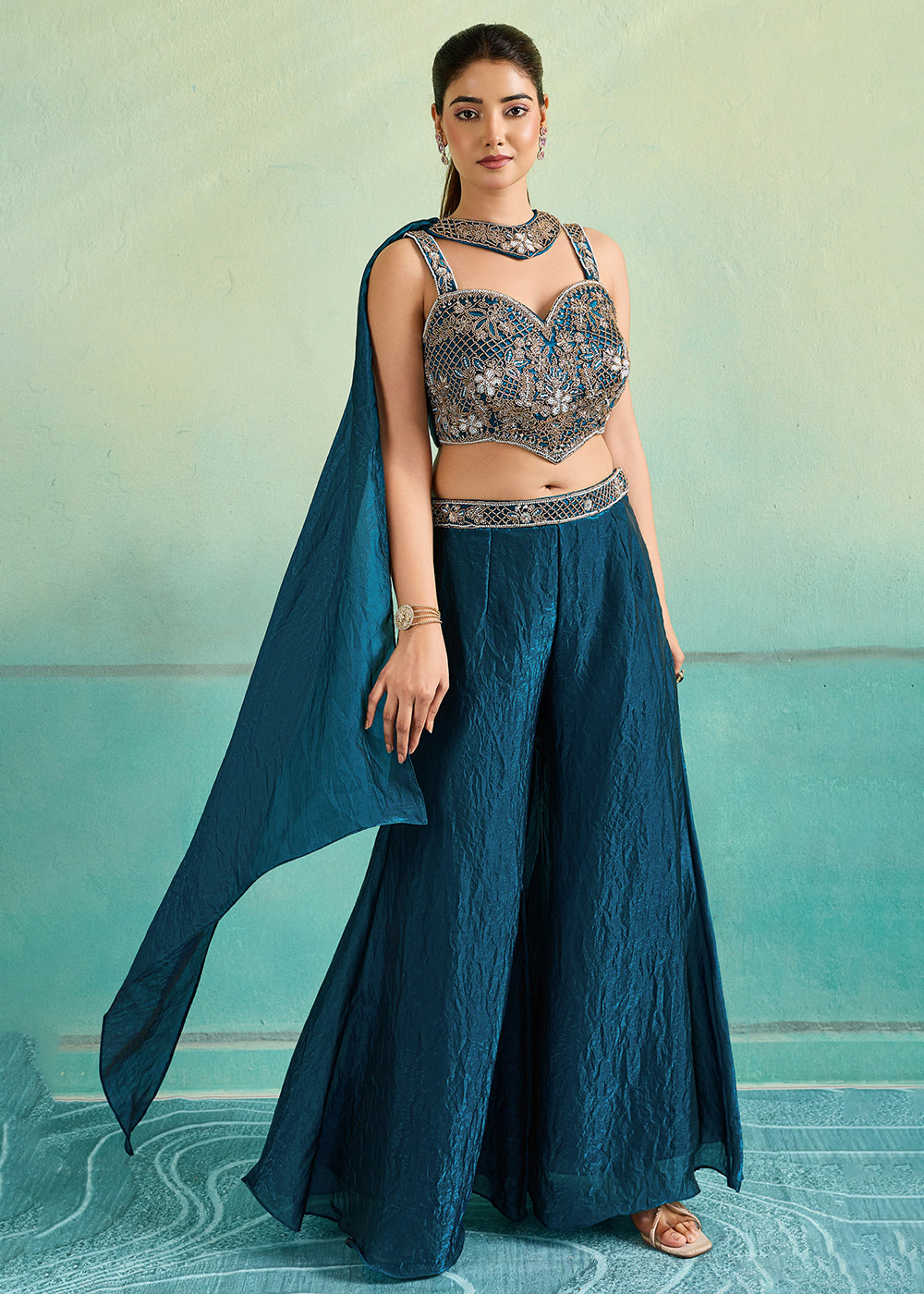 Buy Now Teal Blue Sangeet Party Indo Western Dress Online in US, UK, Canada, Netherlands, Germany, Italy, France, Greece, Switzerland & Worldwide at Empress.