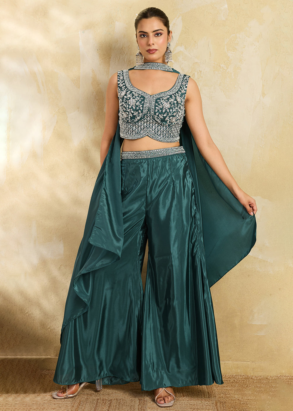 Buy Now Teal Green Sangeet Party Indo Western Dress Online in US, UK, Canada, Netherlands, Germany, Italy, France, Greece, Switzerland & Worldwide at Empress.