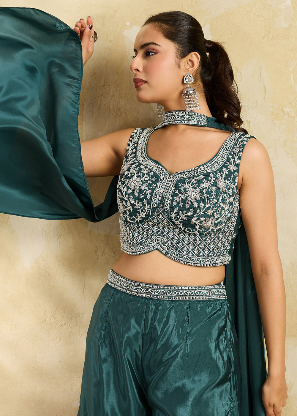 Buy Now Teal Green Sangeet Party Indo Western Dress Online in US, UK, Canada, Netherlands, Germany, Italy, France, Greece, Switzerland & Worldwide at Empress.
