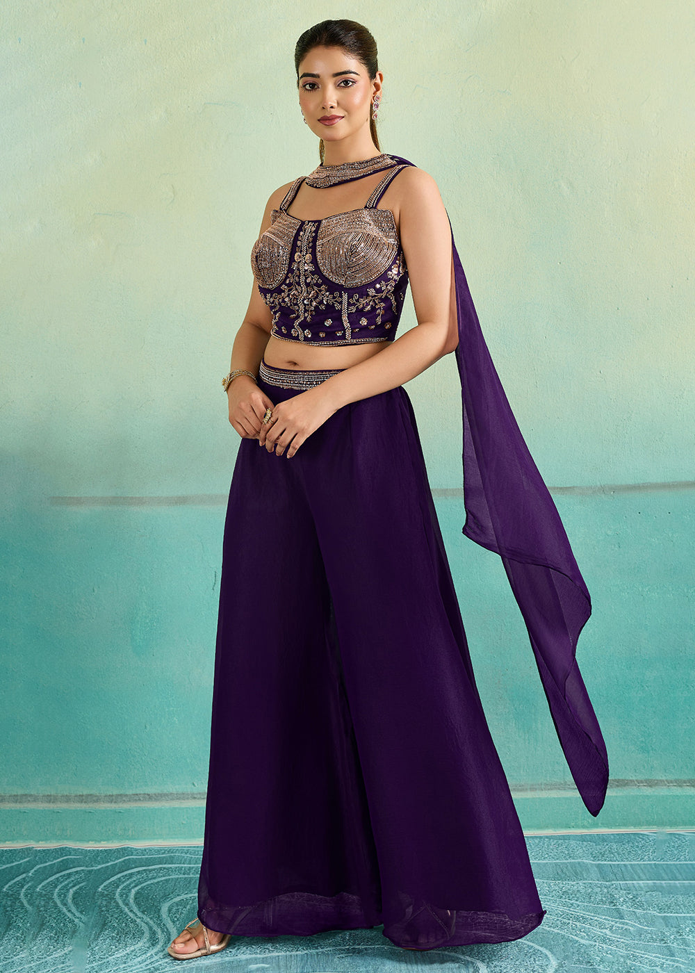 Buy Now Deep Purple Sangeet Party Indo Western Dress Online in US, UK, Canada, Netherlands, Germany, Italy, France, Greece, Switzerland & Worldwide at Empress.