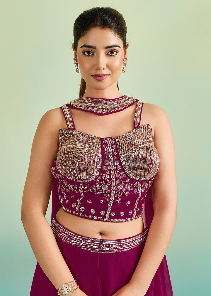 Buy Now Magenta Pink Sangeet Party Indo Western Dress Online in US, UK, Canada, Netherlands, Germany, Italy, France, Greece, Switzerland &amp; Worldwide at Empress.