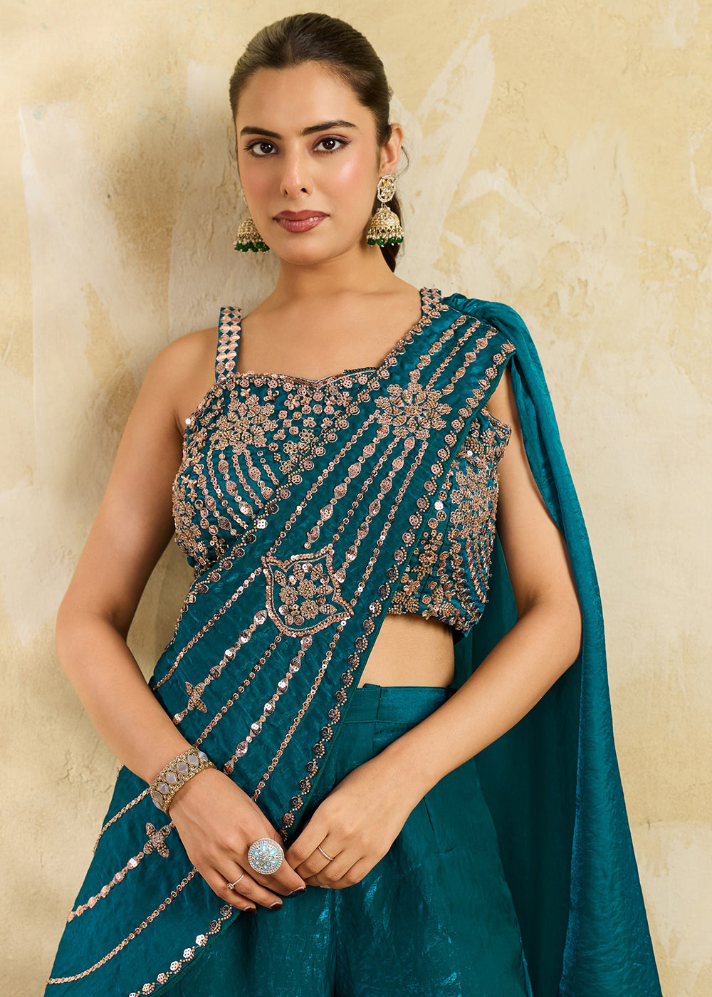 Buy Now Teal Green Embroidered Festive Party Indo Western Dress Online in US, UK, Canada, Netherlands, Germany, Italy, France, Greece & Worldwide at Empress.