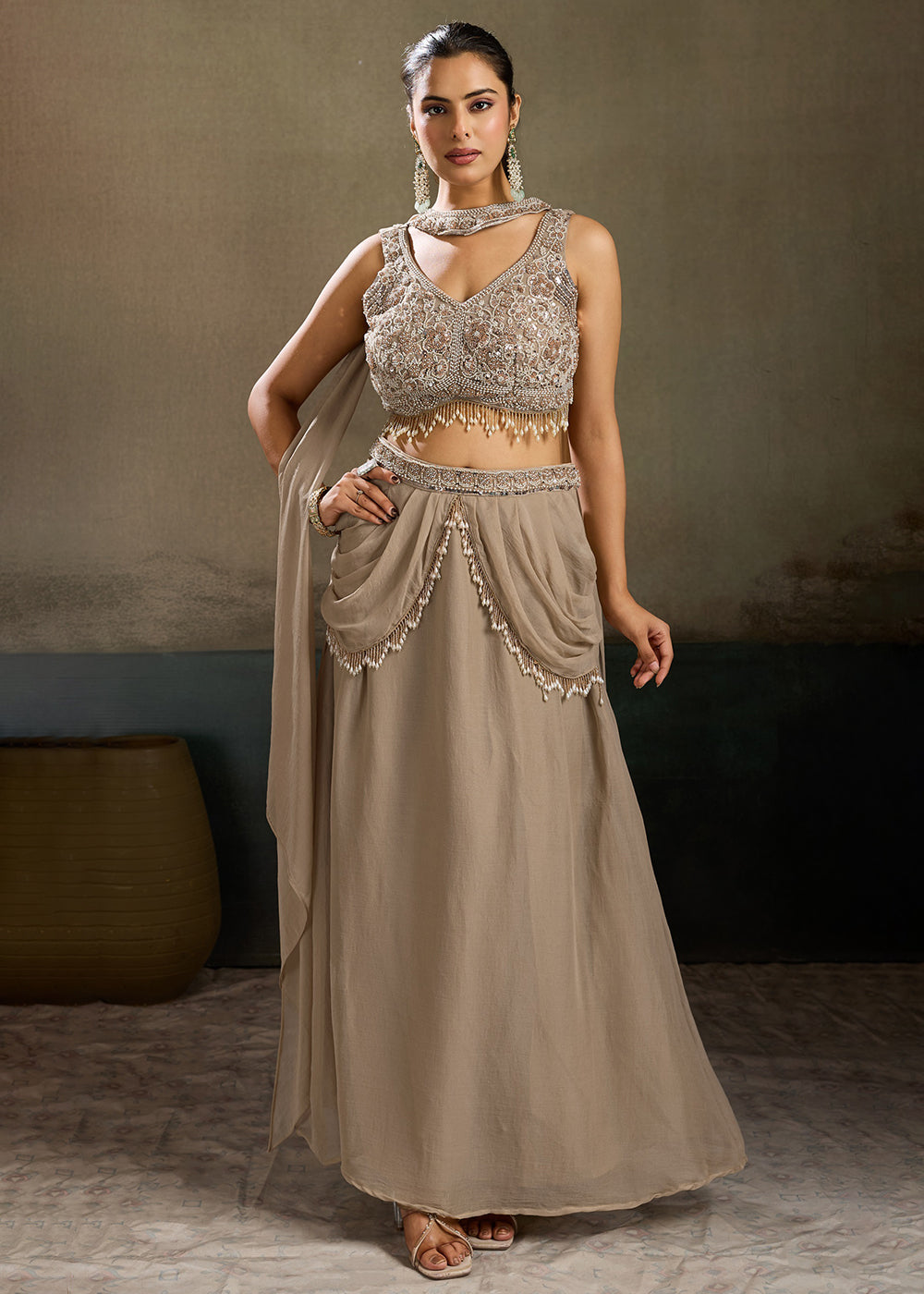Buy Now Taupe Brown Embroidered Cocktail Party Indo Western Dress Online in US, UK, Canada, Netherlands, Germany, Italy, France, Greece & Worldwide at Empress.